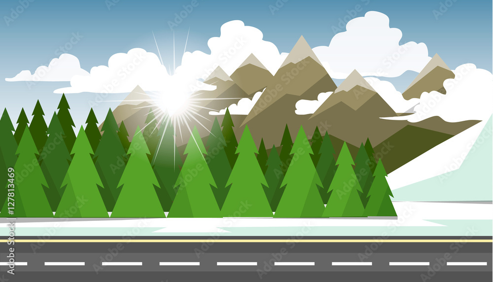 The winter landscape of forests, mountains, road and lake. The winter landscape of forests, mountains, road and lake.