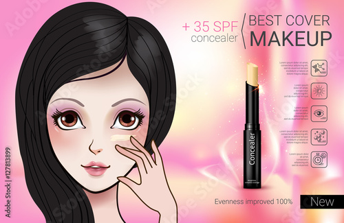 Vector Illustration with Manga style girl and foundation Concealer.