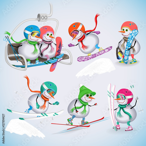 Set of seven snowman on a ski vacation. Snowmen rise to the ski lifts, skiing, snowboarding. Winter fun. Vector illustration.
