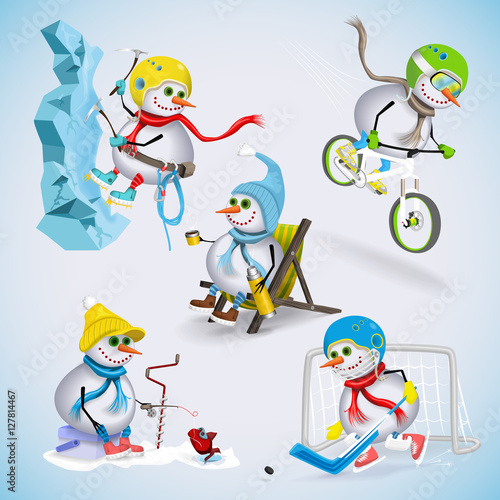 Set of five snowman spending time on winter vacation. Snowmen rise to the top, ride a bike, fish on Ice, play hockey, relaxing in a chair sipping a hot drink. Winter fun. Vector illustration.