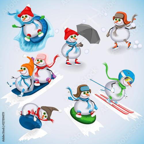 Set of eight snowmen on an inflatable balloon rides down the hill, sledding, skiing and playing snowballs. Winter fun. Vector illustration.