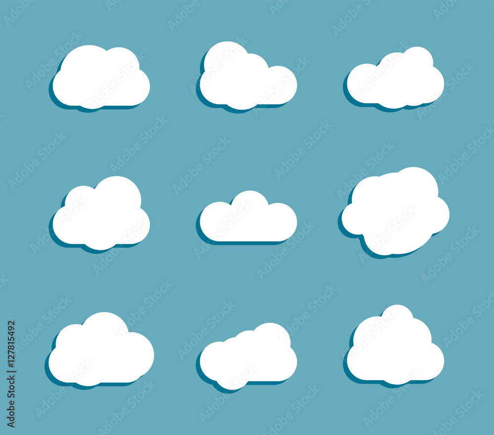 white clouds set collection on blue background