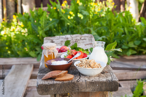 summer breakfast in a garden - cottage cheese, strawberry, muesli and milk. selective focus. style rustic