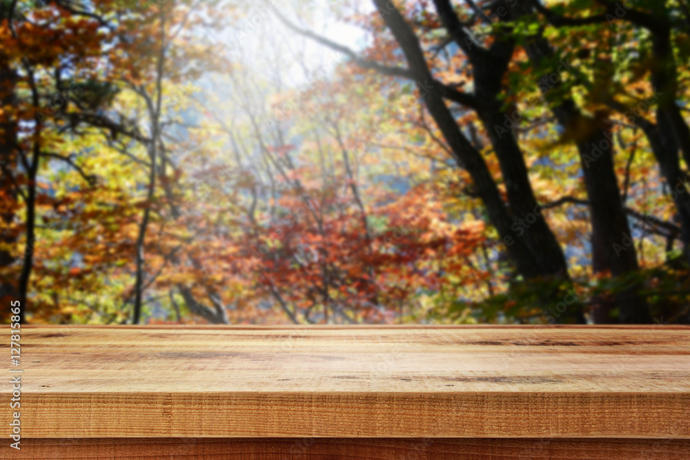 Wooden table and blur autumn background. Wooden table and blur autumn background.