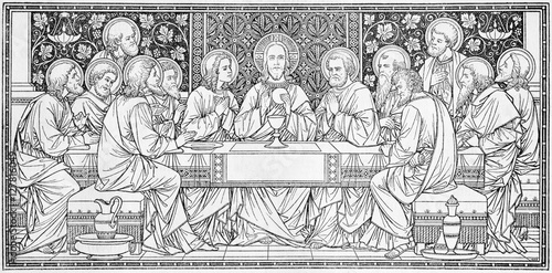 BRATISLAVA, SLOVAKIA, NOVEMBER - 21, 2016: The lithography of Last Supper in Missale Romanum by unknown artist with the initials F.M.S from end of 19. cent. and printed by Typis Friderici Pustet. photo