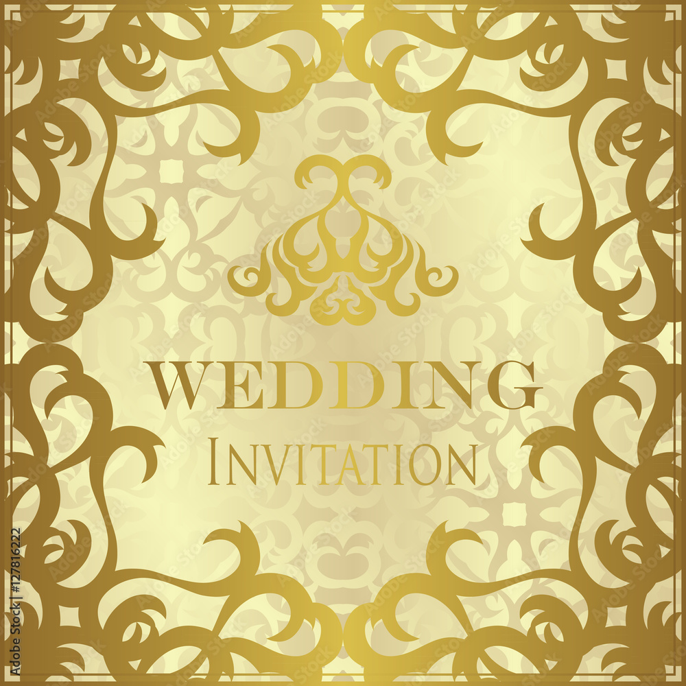 Wedding invitation with vintage gold frame on seamless background