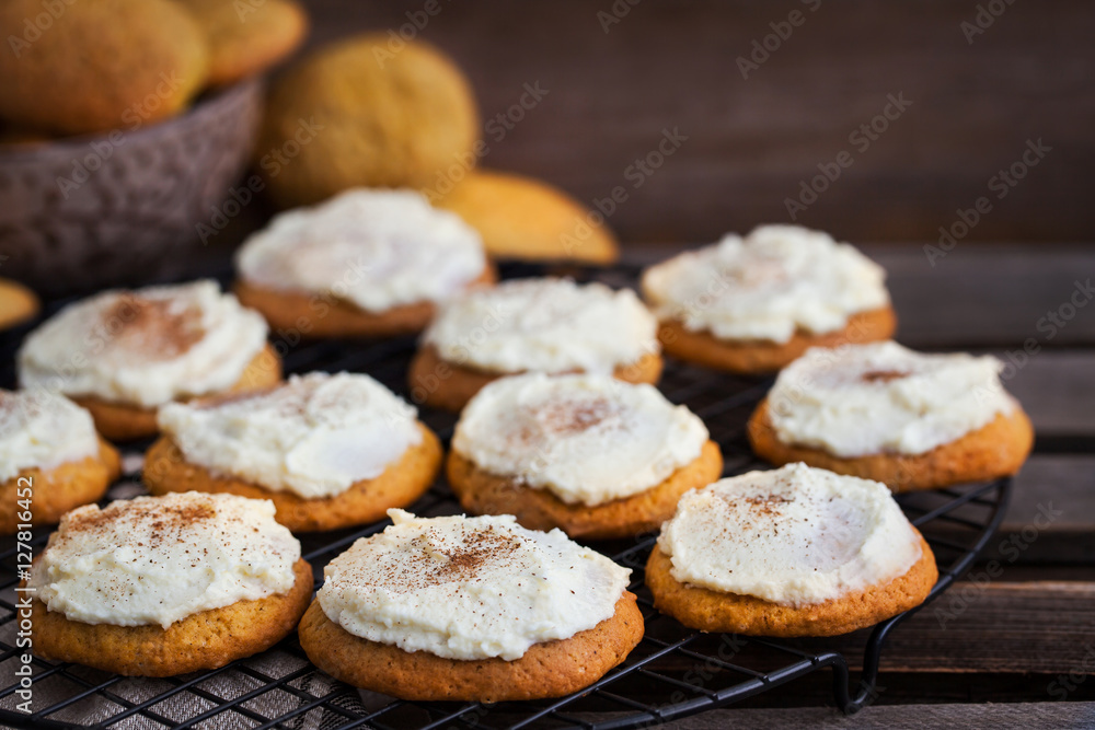 Homemade pumpkin spice cake cookies with glaze and cinnamon Homemade pumpkin spice cake cookies with glaze and cinnamon