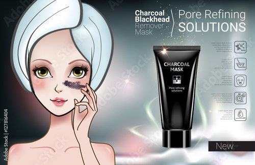Vector Illustration with Manga style girl and Charcoal Mask tube.
