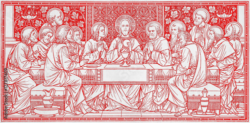 BRATISLAVA, SLOVAKIA, NOVEMBER - 21, 2016: The lithography of Last Supper in Missale Romanum by unknown artist with the initials F.M.S from end of 19. cent. and printed by Typis Friderici Pustet. photo