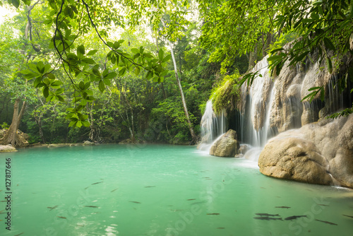 Fototapeta Naklejka Na Ścianę i Meble -  Beautiful and Breathtaking waterfall, Erawan's waterfall, Located Kanchanaburi Province, Thailand