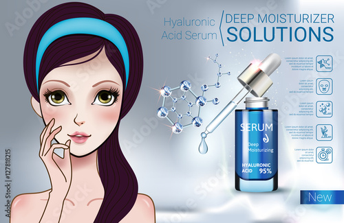 Vector Illustration with Manga style girl and Hyaluronic Acid Serum