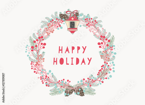 Hand drawn Happy Holiday Wreath on the white background.Festival motifs of berries,pine,pine cone,lamp for Christmas or New Year Card