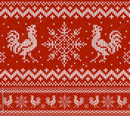 Red Holiday seamless pattern with knitted roosters and snowflakes. Christmas knitting scheme design. Cocks - symbol of New Year 2017.