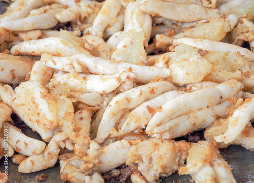 Egg fried squid in street food market, Thailand / Selective focus and Close up for food image