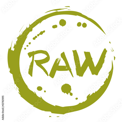 Raw food hand drawn round label isolated vector illustration. Healthy food symbol. Raw icon. Logo for vegetarian restaurant menu, cafe, farm market and organic products packaging. Raw food lettering