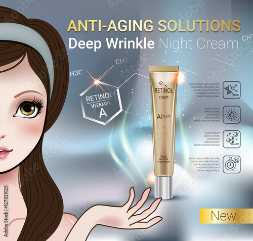 Vector Illustration with Manga style girl and Retinol cream tube.