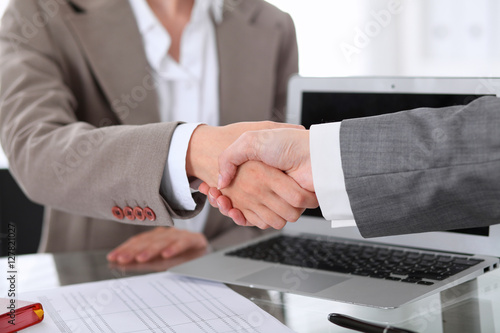 Business handshake. Two women are shaking hands after meeting or negotiation.