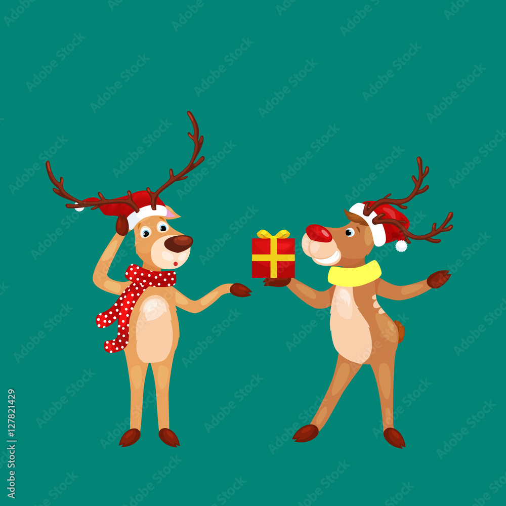 christmas set of deer with banner isolated, happy winter xmas holiday animal greeting card, santa helper reindeer vector illustration