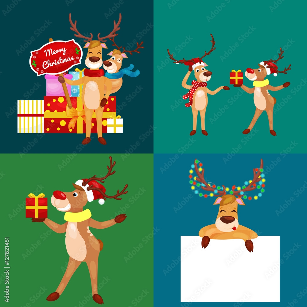 christmas set of deer with banner isolated, happy winter xmas holiday animal greeting card, santa helper reindeer vector illustration christmas set of deer with banner isolated, happy winter xmas holiday animal greeting card, santa helper reindeer vector illustration