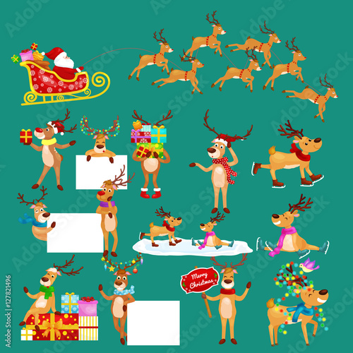 christmas set of deer with banner isolated  happy winter xmas holiday animal greeting card  santa helper reindeer vector illustration  Santa in his Christmas sled being pulled by reindeer