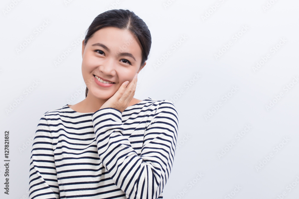 Asian woman thinking and happy isolated on white background Asian woman thinking and happy isolated on white background