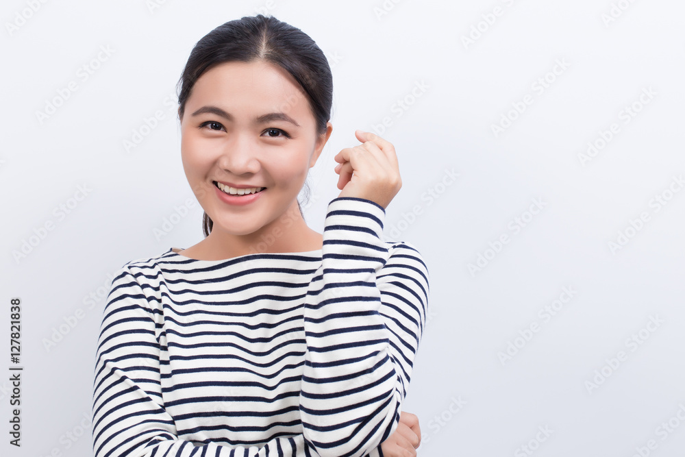 Asian woman thinking and happy isolated on white background Asian woman thinking and happy isolated on white background