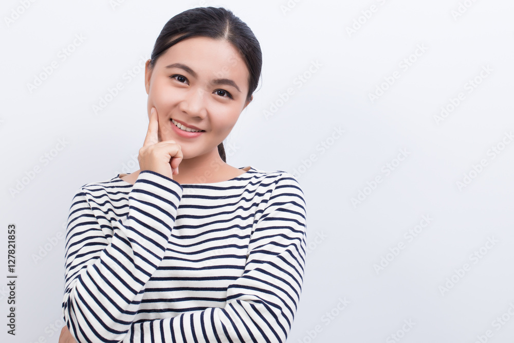 Asian woman thinking and happy isolated on white background Asian woman thinking and happy isolated on white background