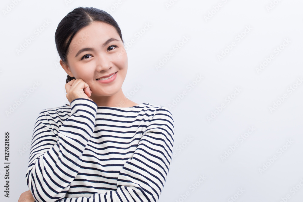 Asian woman thinking and happy isolated on white background Asian woman thinking and happy isolated on white background