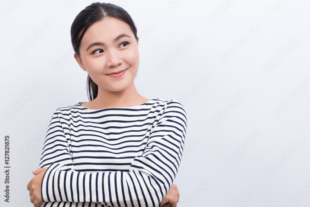 Asian woman thinking and happy isolated on white background Asian woman thinking and happy isolated on white background