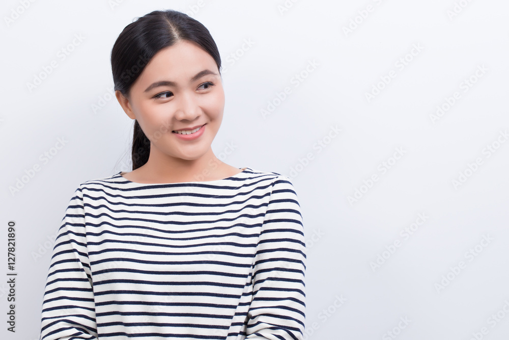 Asian woman thinking and happy isolated on white background Asian woman thinking and happy isolated on white background