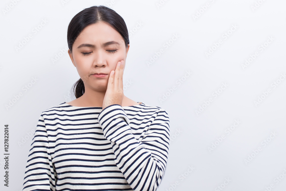Woman has tooth ache isolated on white background Woman has tooth ache isolated on white background