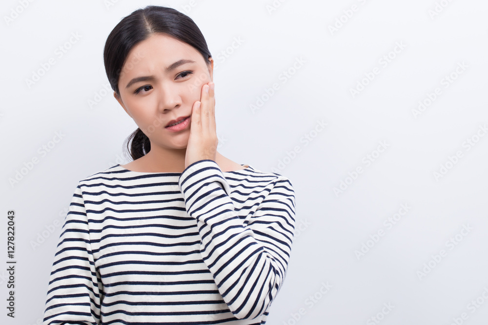 Woman has tooth ache isolated on white background Woman has tooth ache isolated on white background