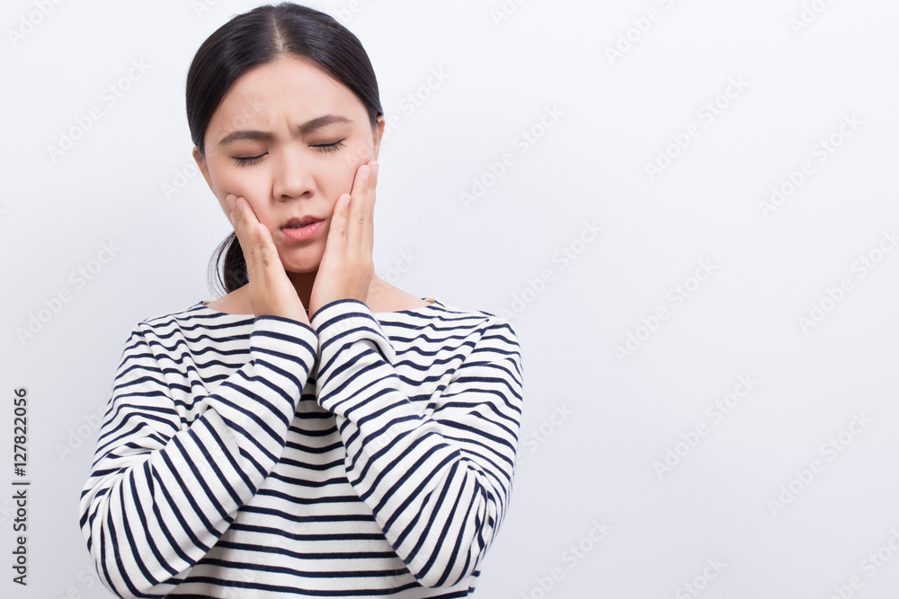 Woman has tooth ache isolated on white background Woman has tooth ache isolated on white background