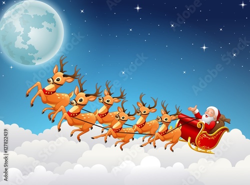 Santa Claus rides reindeer sleigh flying in the sky
