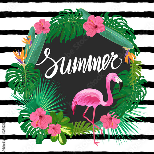Template with tropic plants, exotic flowers and pink flamingo.