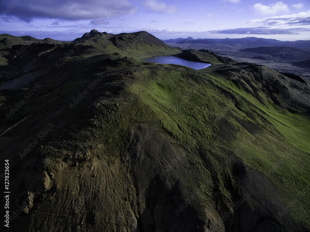Aerial of a lake in mountains in Iceland