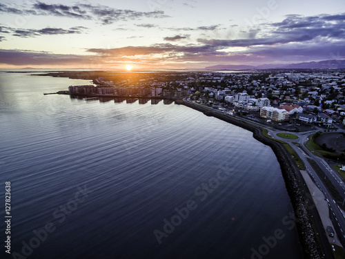 aerial of a sunset over Hafnarfjordur