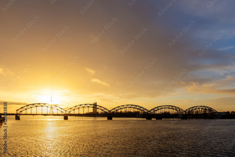 Naklejka premium Railway bridge over the Daugava