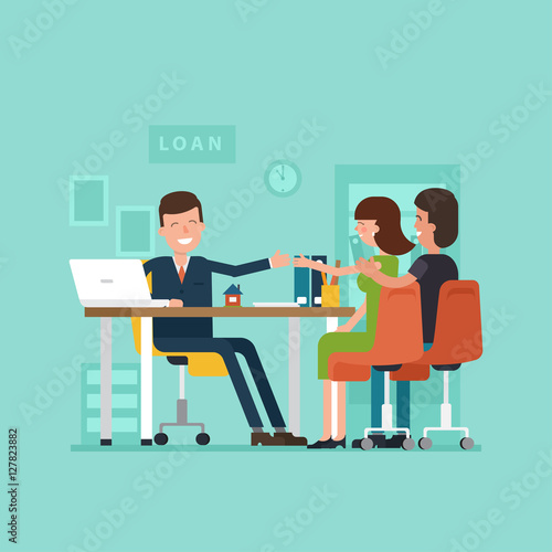 Vector concept of personal loans. Family couple with the agents in the office shaking hands.
