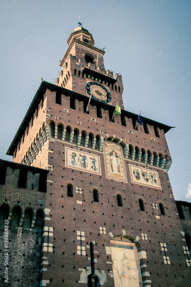 view of Sforza Castle Sempione Park Milan city - Filarete tower