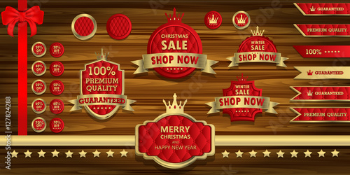 Red and gold luxury label on wooden background Christmas concept