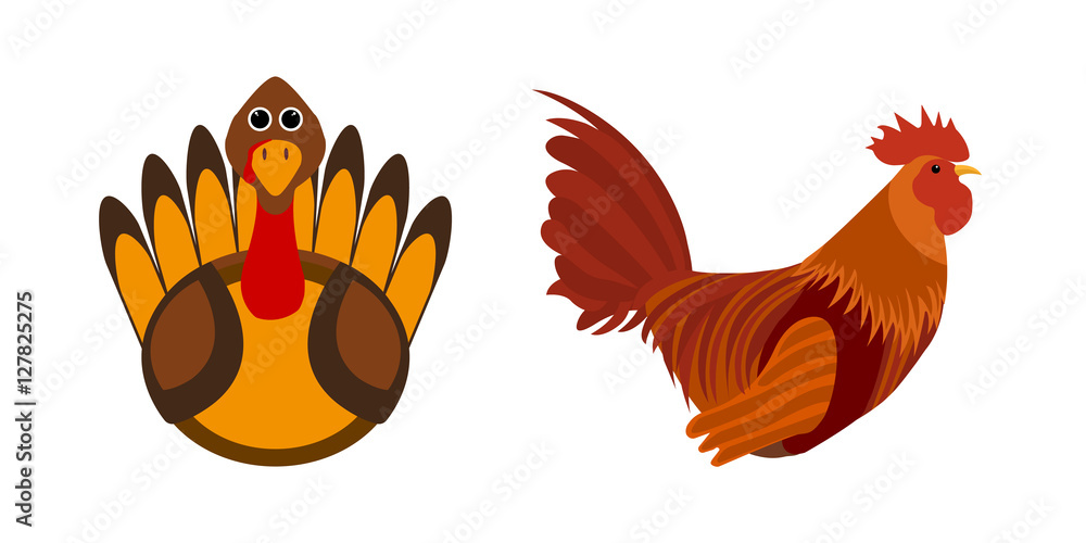 Naklejka Turkey bird and Rooster. Silhouette of cock. Vector element for banners. Vector illustration