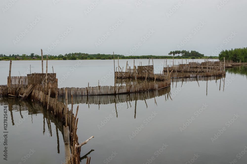 Traditional reed fishing traps used in wetlands near the coast in Benin. - obrazy, fototapety, plakaty 