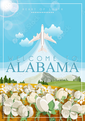 Alabama vector poster. American travel banner. Illustration about United States of America. Background with USA theme