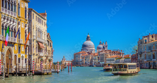 Grand Canal waterfront Venice.   Waterfront view at scenic Grand Canal in Venice City  Italy Europe.