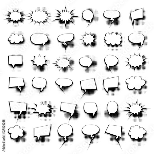 Big set comic text picture blank template comic speech bubbles halftone dot background style pop art. Comic dialog empty cloud, space text pop art. Creative idea conversation comic sketch explosion