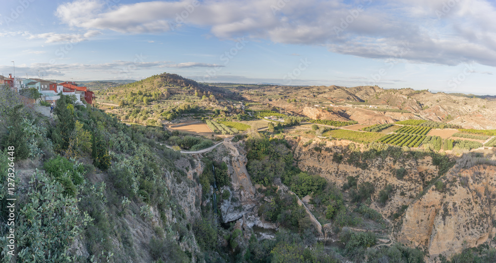 Waterfall panorama view from the town Chella Valencia Spain Canal de Navarres