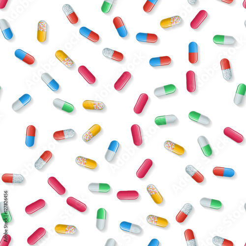 Vector medical seamless pattern with color capsules on white. Background with pharmaceutical pills: vitamin, painkiller and antibiotics. Medicine illustration of medicament dose for health.