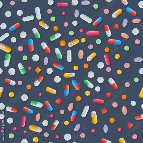 Vector medical seamless pattern with color capsule and dragee, caplet and tablet on white background. Pharmaceutical pills, painkiller and antibiotics. Medicine illustration of medicament drugs.