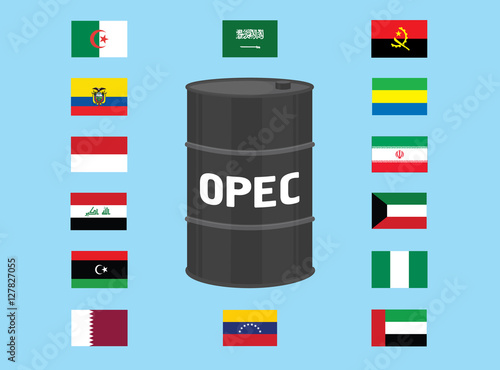  OPEC organization country members illustration. Oil barrel with countries flags